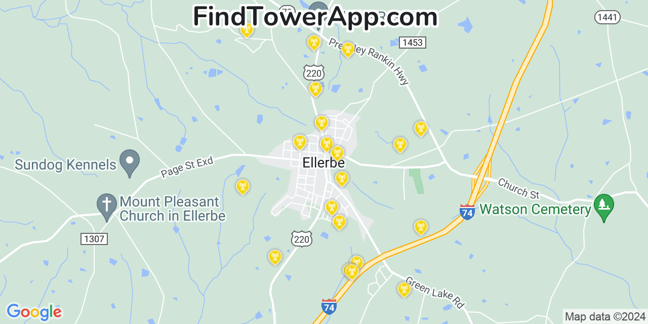 AT&T 4G/5G cell tower coverage map Ellerbe, North Carolina