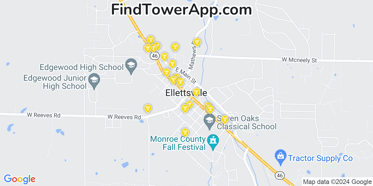 Verizon 4G/5G cell tower coverage map Ellettsville, Indiana