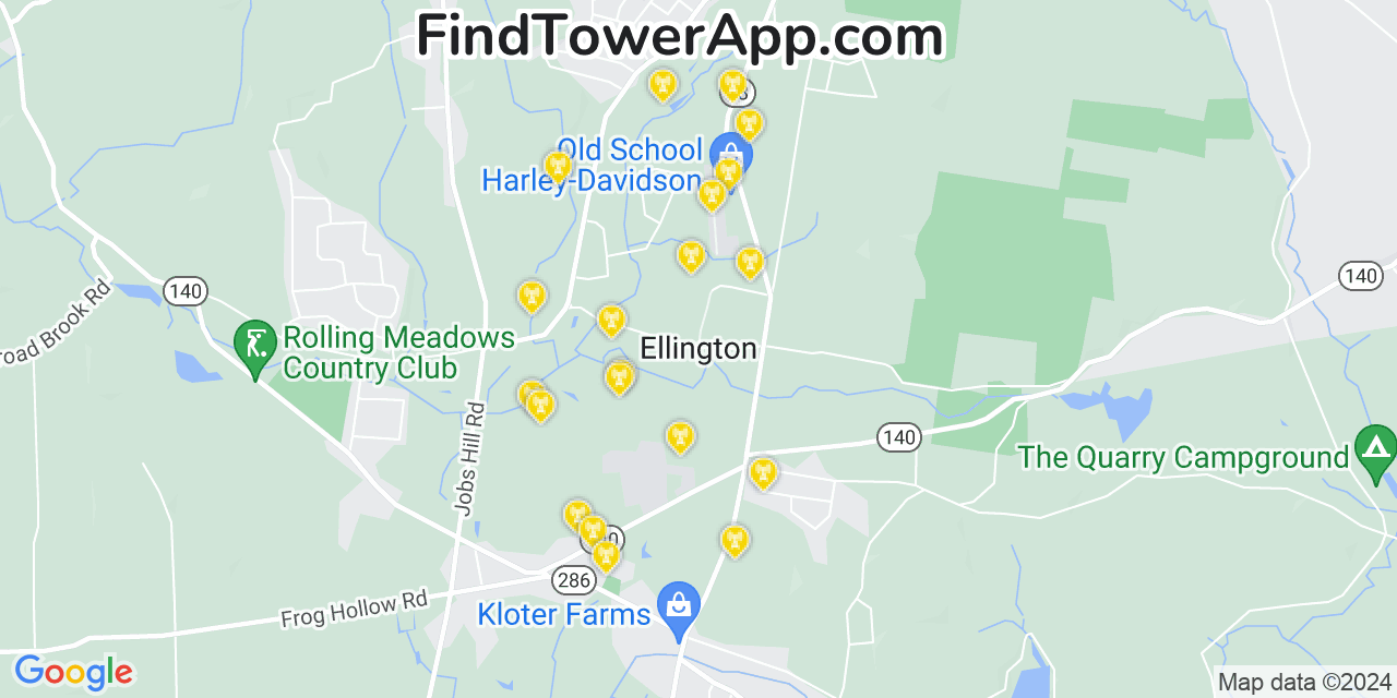 AT&T 4G/5G cell tower coverage map Ellington, Connecticut