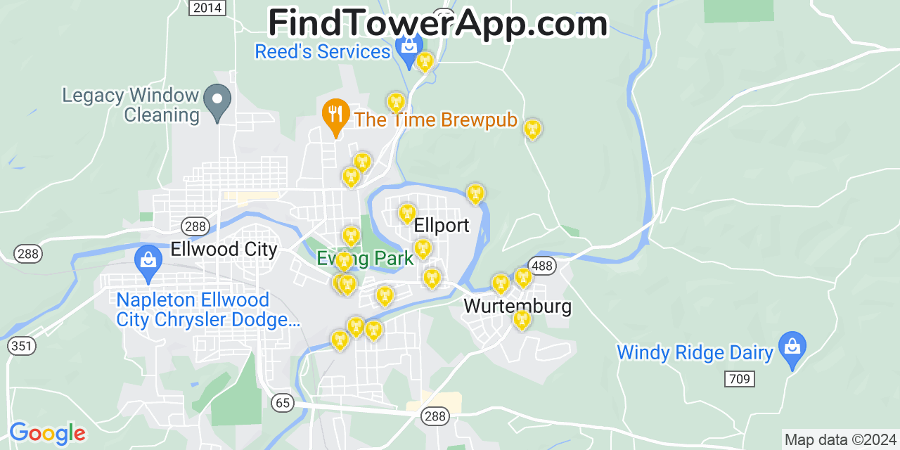 AT&T 4G/5G cell tower coverage map Ellport, Pennsylvania