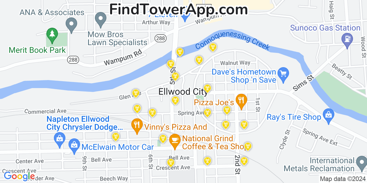 AT&T 4G/5G cell tower coverage map Ellwood City, Pennsylvania