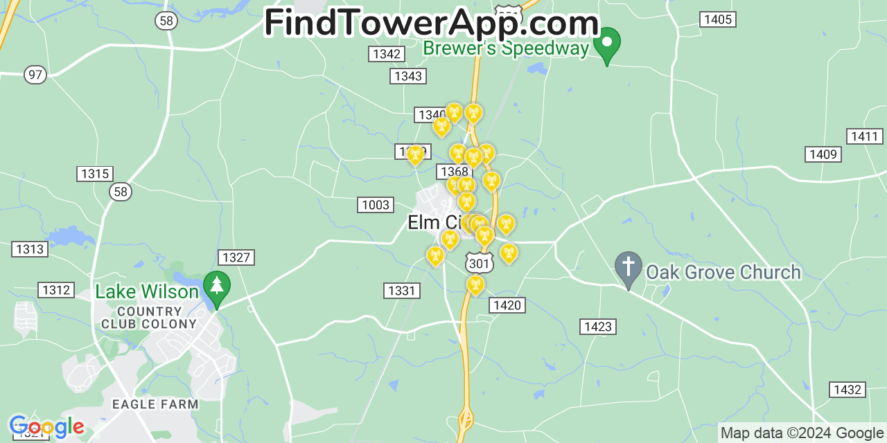 AT&T 4G/5G cell tower coverage map Elm City, North Carolina