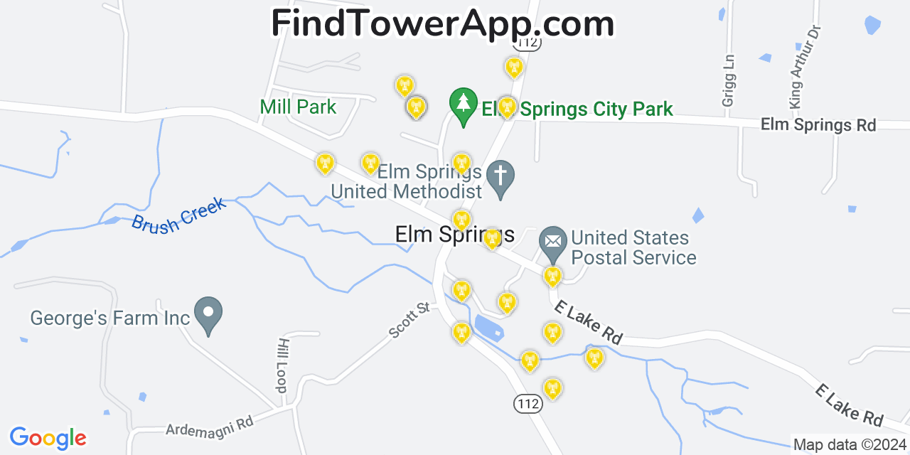 AT&T 4G/5G cell tower coverage map Elm Springs, Arkansas