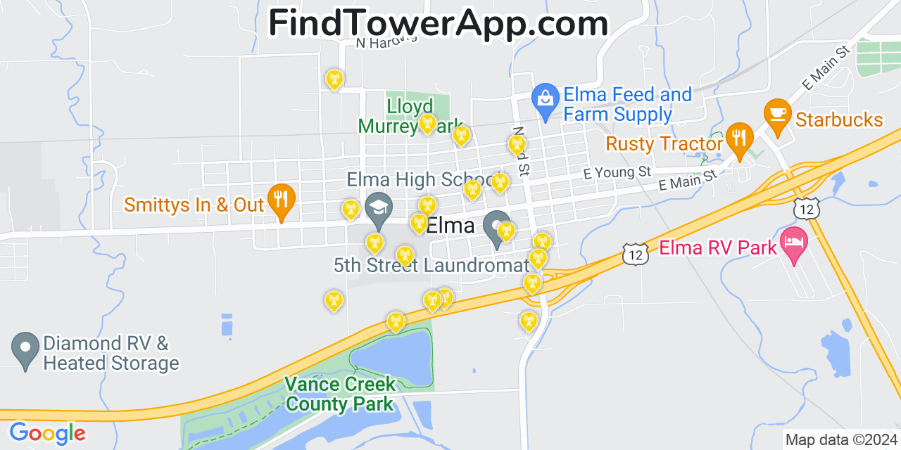 AT&T 4G/5G cell tower coverage map Elma, Washington