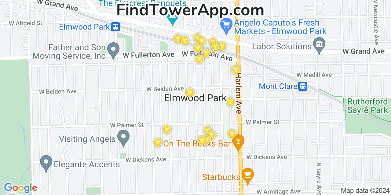 AT&T 4G/5G cell tower coverage map Elmwood Park, Illinois