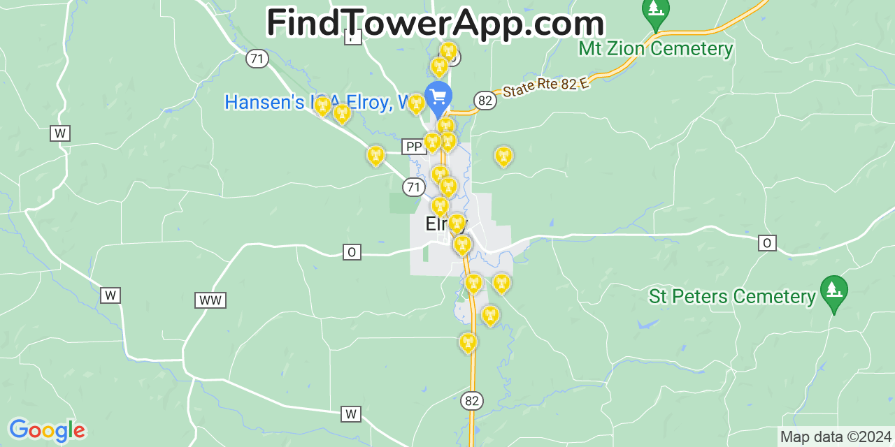 AT&T 4G/5G cell tower coverage map Elroy, Wisconsin
