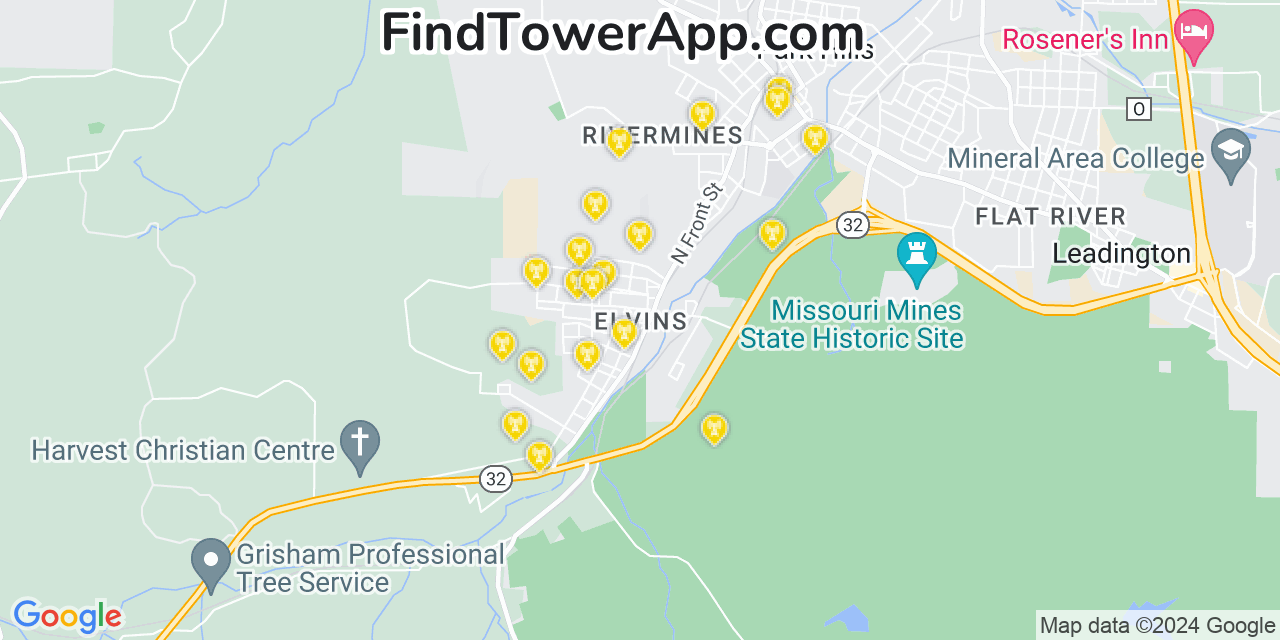 AT&T 4G/5G cell tower coverage map Elvins, Missouri