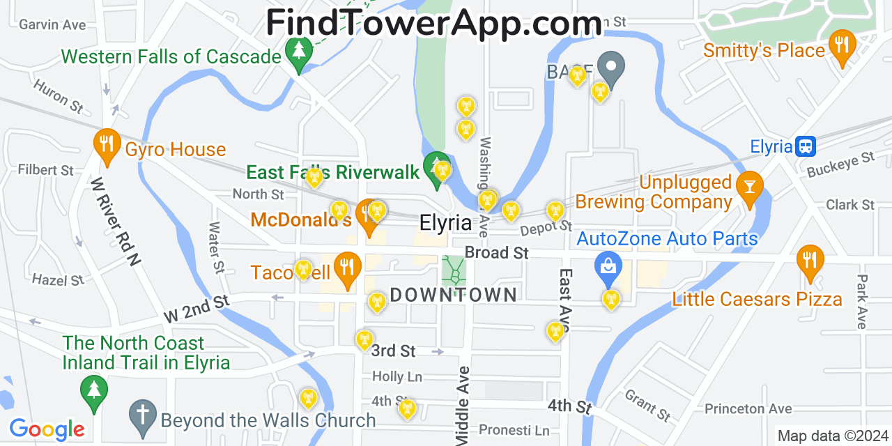 AT&T 4G/5G cell tower coverage map Elyria, Ohio