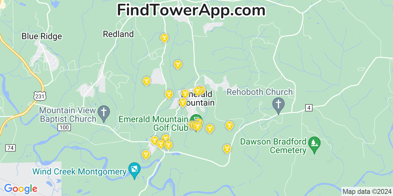 AT&T 4G/5G cell tower coverage map Emerald Mountain, Alabama