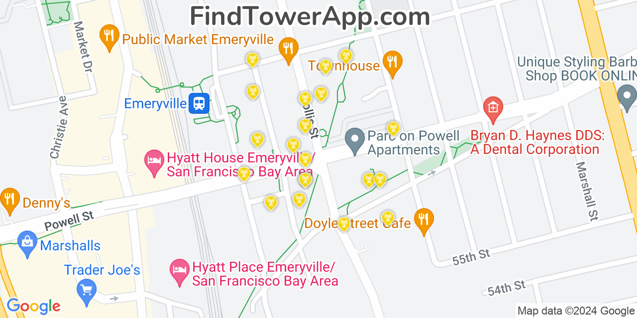 AT&T 4G/5G cell tower coverage map Emeryville, California