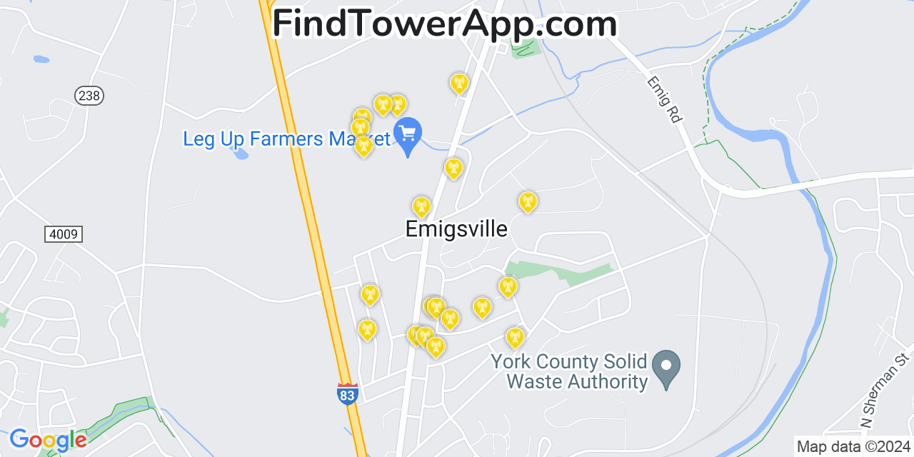 AT&T 4G/5G cell tower coverage map Emigsville, Pennsylvania