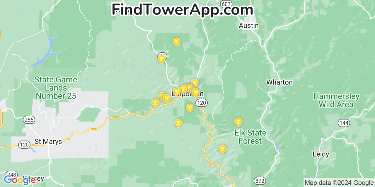 AT&T 4G/5G cell tower coverage map Emporium, Pennsylvania