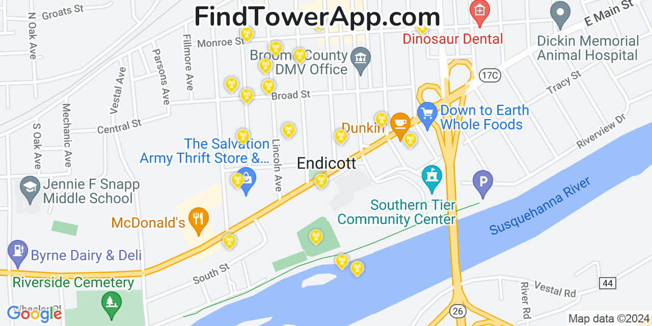 AT&T 4G/5G cell tower coverage map Endicott, New York
