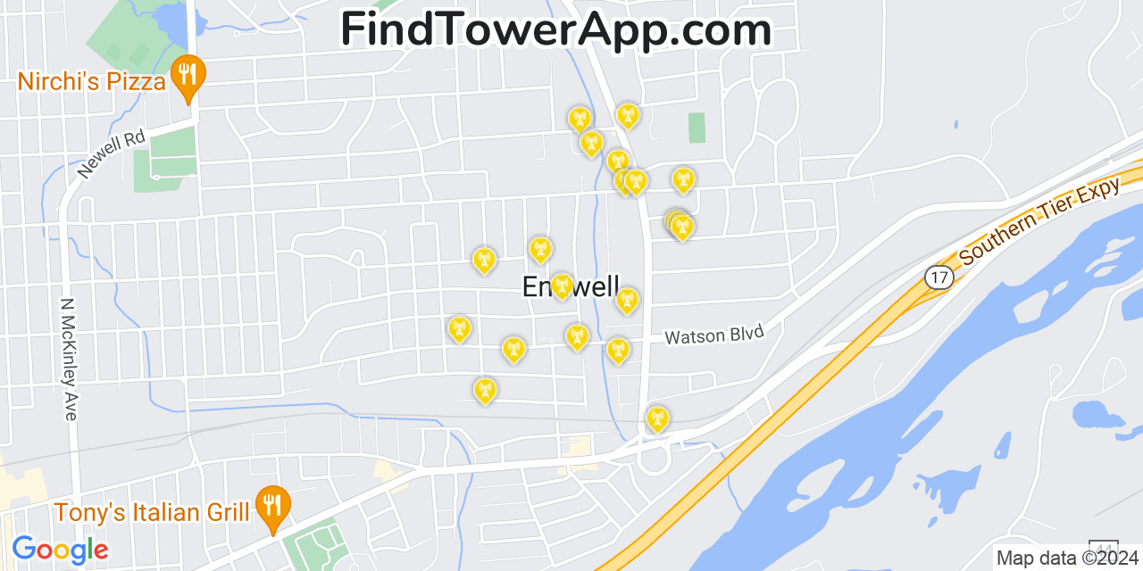 AT&T 4G/5G cell tower coverage map Endwell, New York