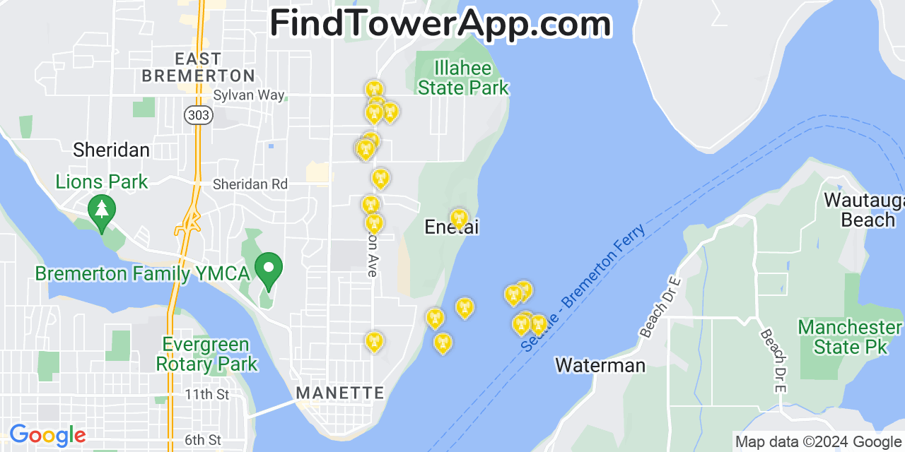 AT&T 4G/5G cell tower coverage map Enetai, Washington