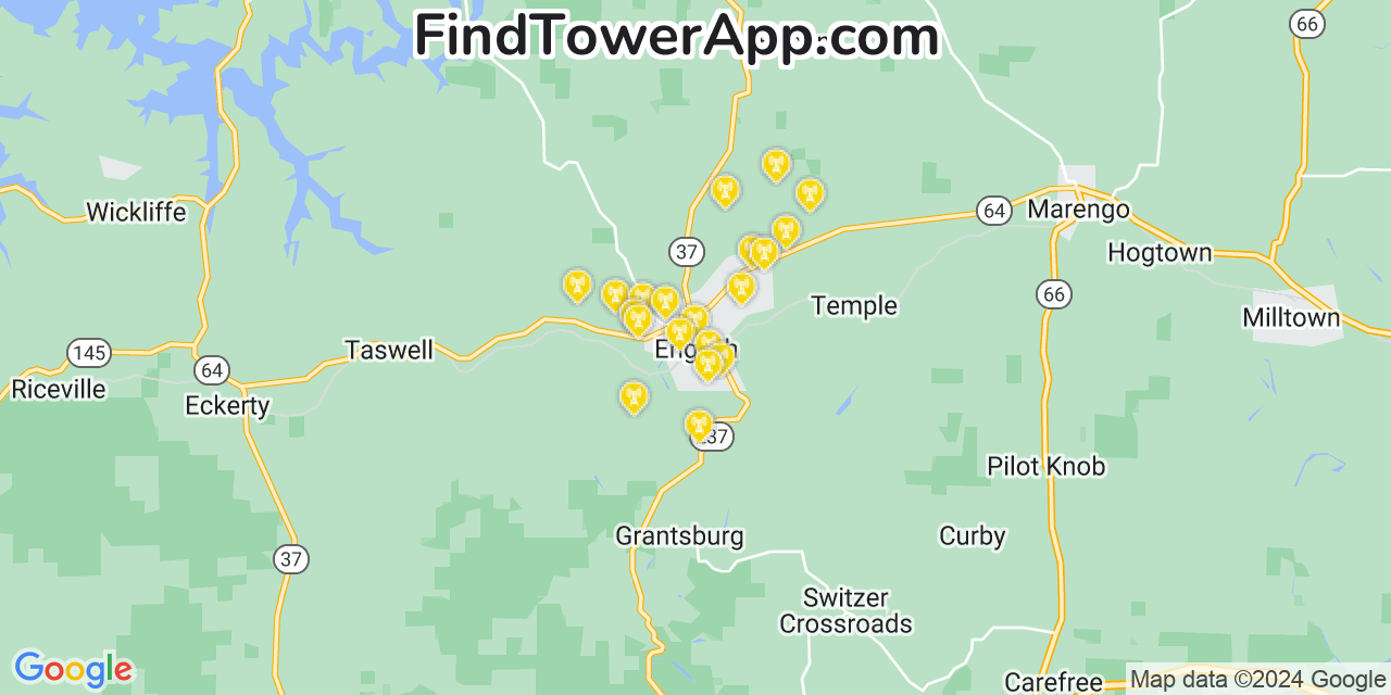 AT&T 4G/5G cell tower coverage map English, Indiana