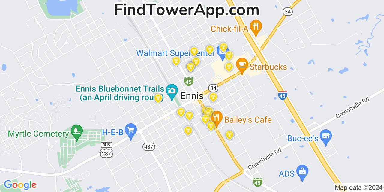 AT&T 4G/5G cell tower coverage map Ennis, Texas