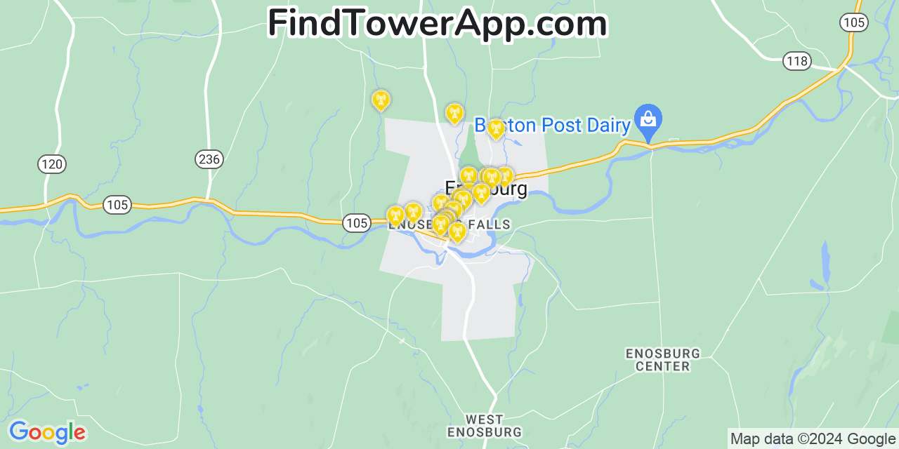 AT&T 4G/5G cell tower coverage map Enosburg Falls, Vermont