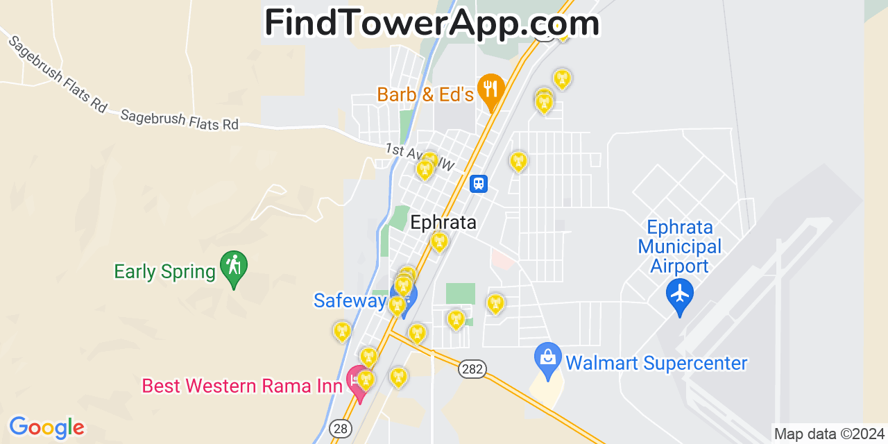 AT&T 4G/5G cell tower coverage map Ephrata, Washington