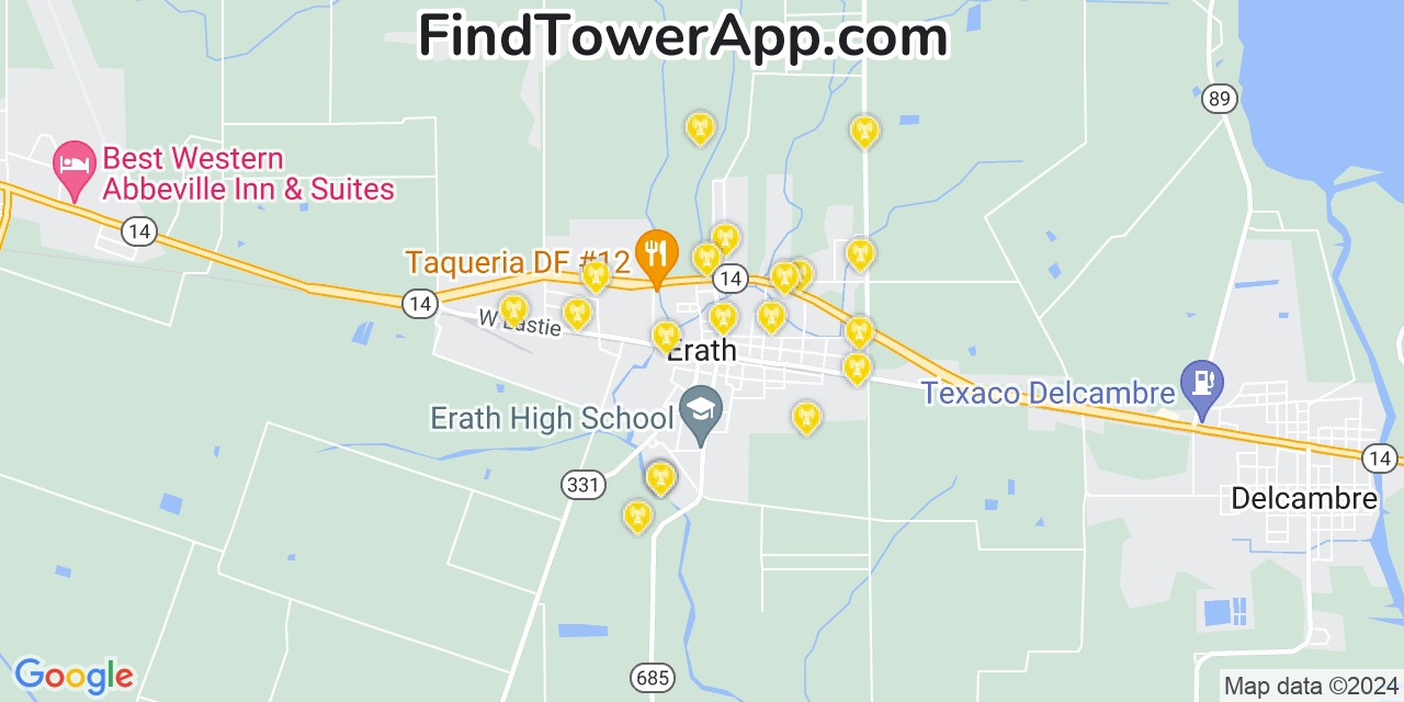 AT&T 4G/5G cell tower coverage map Erath, Louisiana