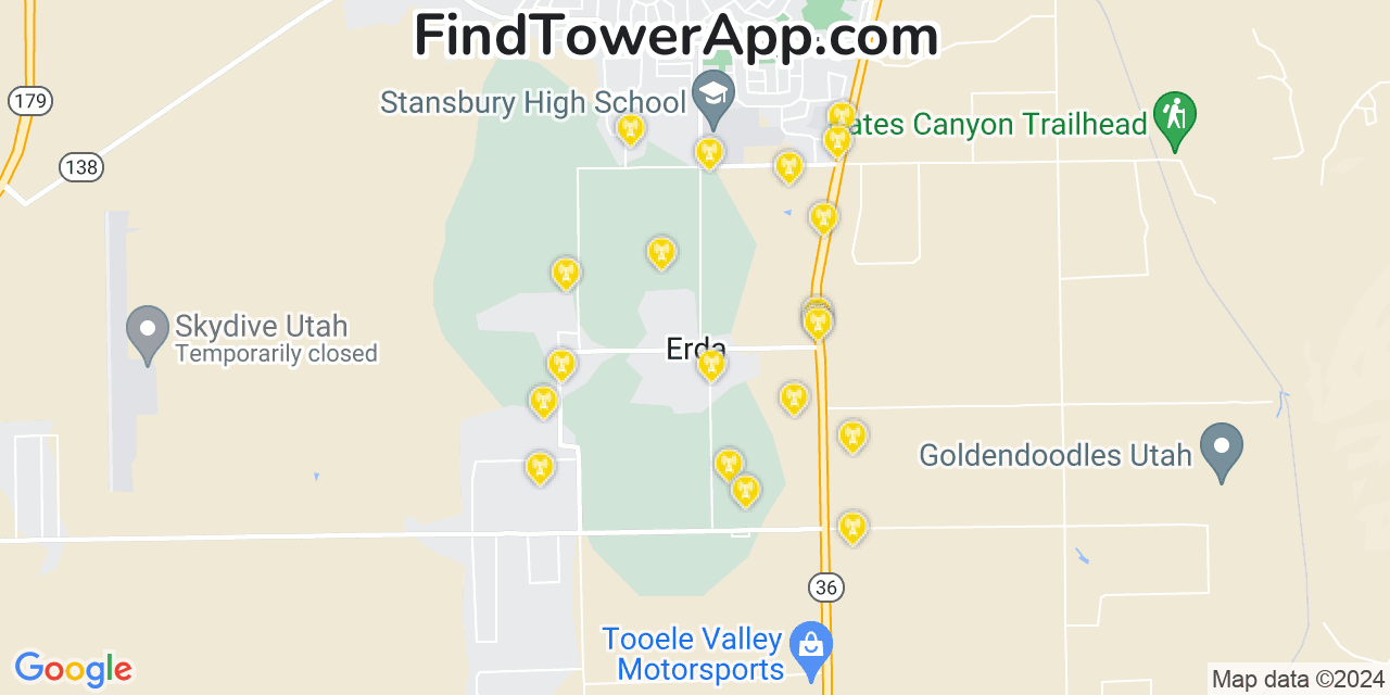 AT&T 4G/5G cell tower coverage map Erda, Utah