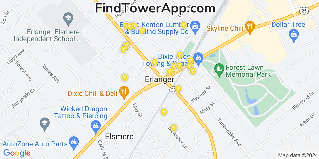 AT&T 4G/5G cell tower coverage map Erlanger, Kentucky
