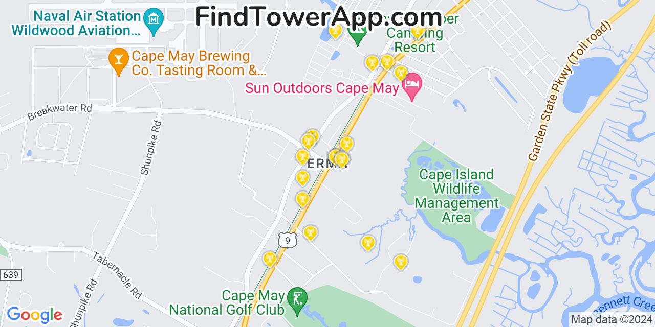 AT&T 4G/5G cell tower coverage map Erma, New Jersey