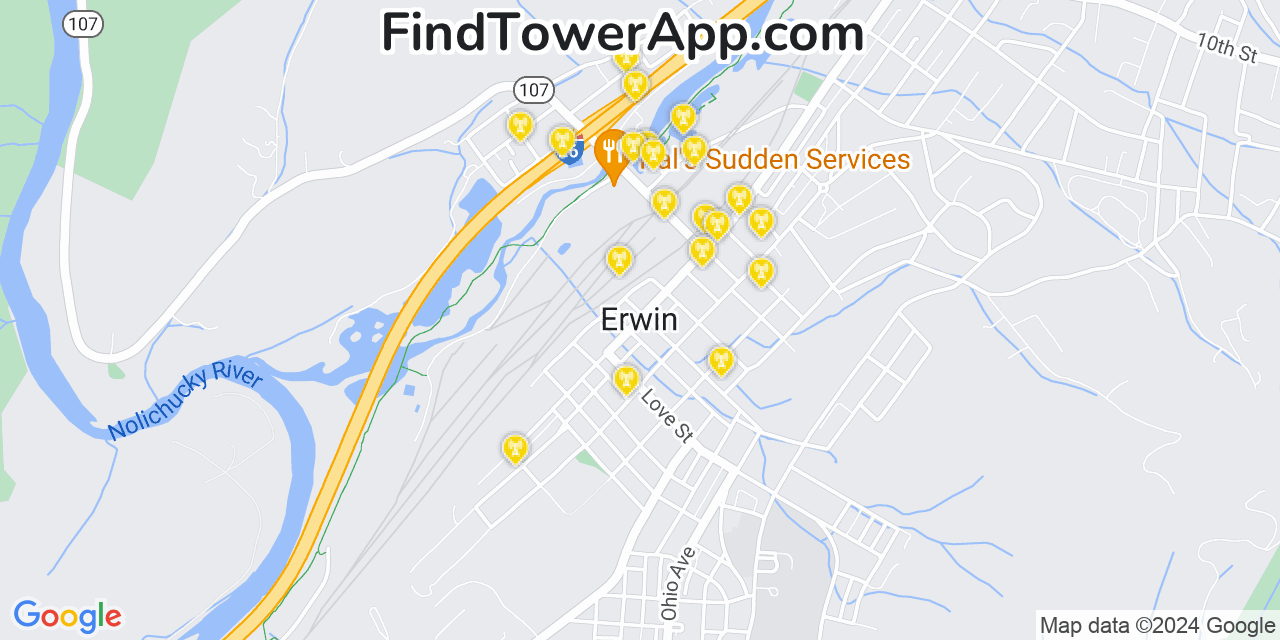 AT&T 4G/5G cell tower coverage map Erwin, Tennessee