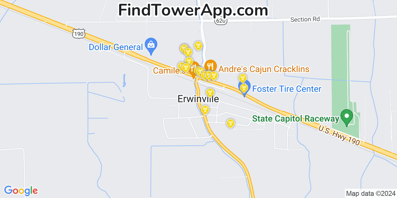 AT&T 4G/5G cell tower coverage map Erwinville, Louisiana