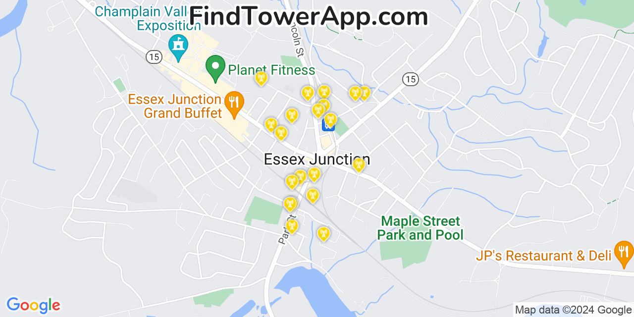 AT&T 4G/5G cell tower coverage map Essex Junction, Vermont