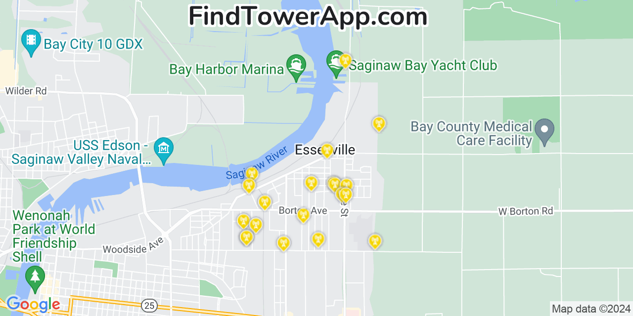 Verizon 4G/5G cell tower coverage map Essexville, Michigan