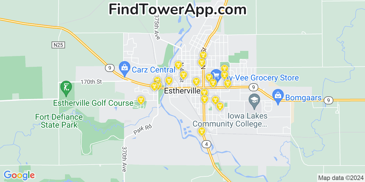AT&T 4G/5G cell tower coverage map Estherville, Iowa