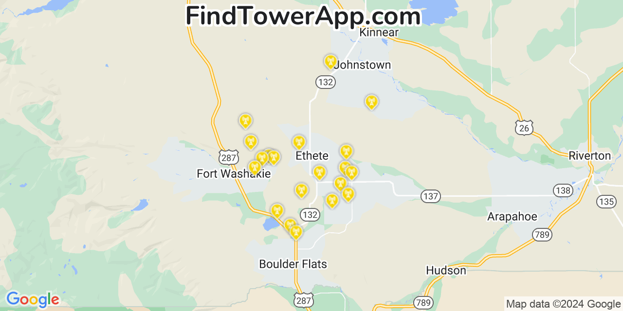 AT&T 4G/5G cell tower coverage map Ethete, Wyoming