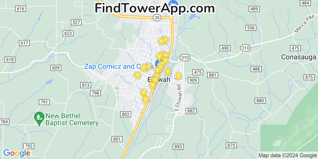 AT&T 4G/5G cell tower coverage map Etowah, Tennessee