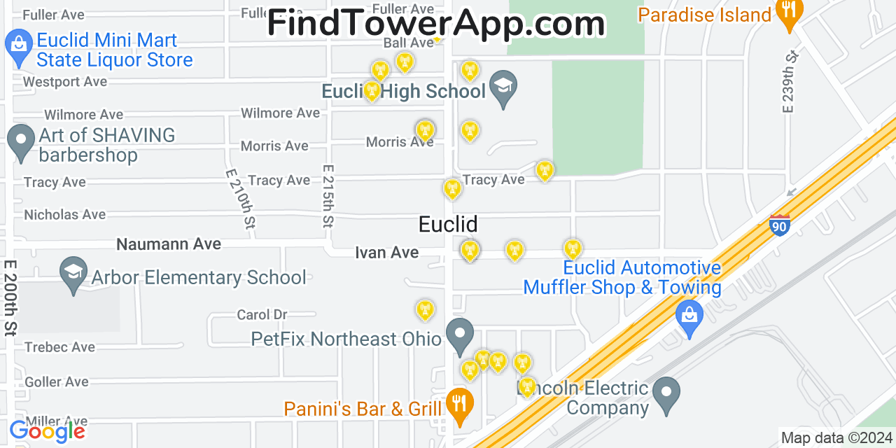 AT&T 4G/5G cell tower coverage map Euclid, Ohio