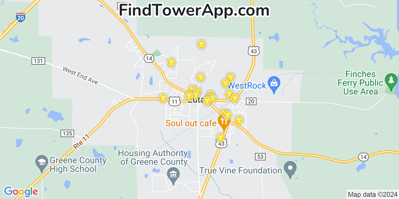 AT&T 4G/5G cell tower coverage map Eutaw, Alabama