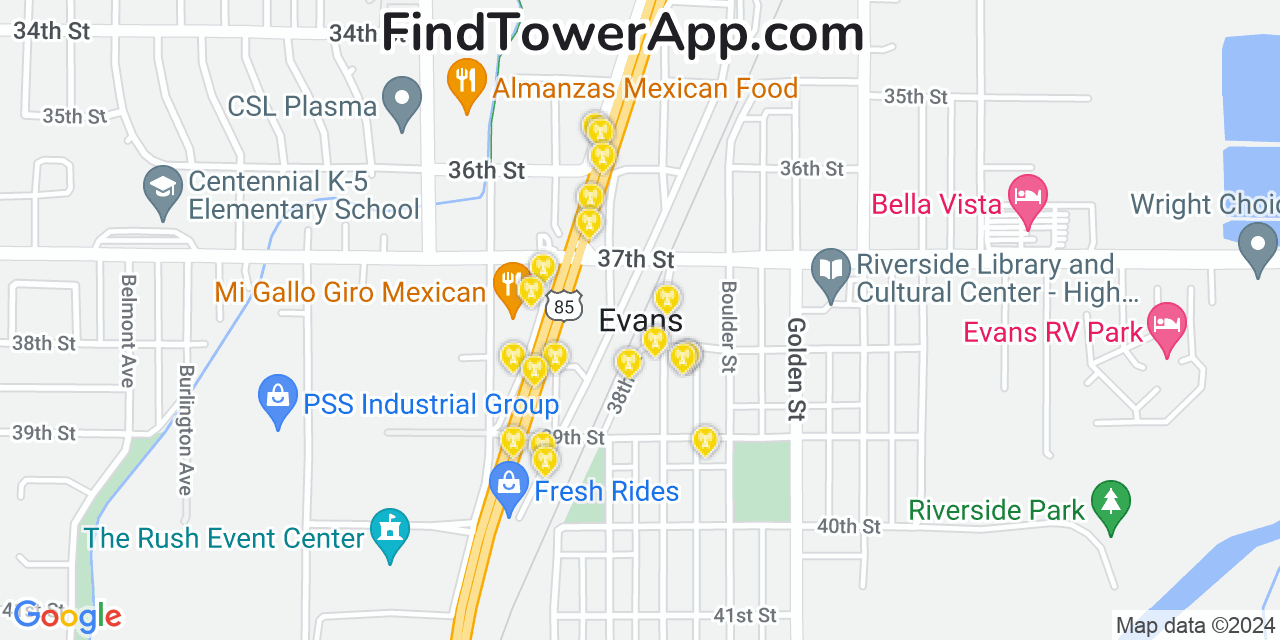 AT&T 4G/5G cell tower coverage map Evans, Colorado