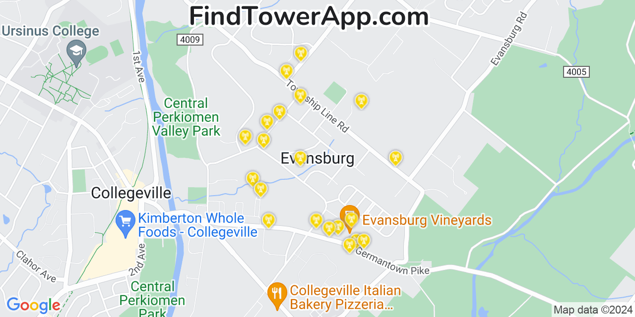 T-Mobile 4G/5G cell tower coverage map Evansburg, Pennsylvania