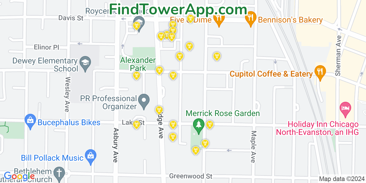 AT&T 4G/5G cell tower coverage map Evanston, Illinois