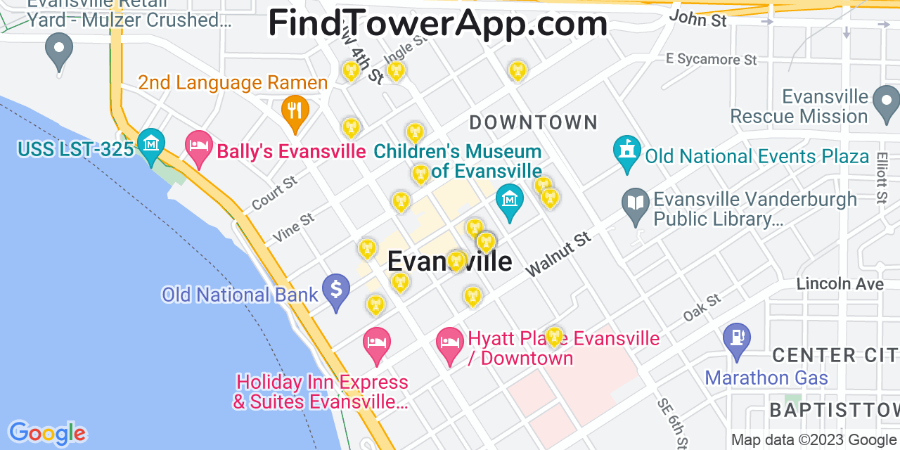 AT&T 4G/5G cell tower coverage map Evansville, Indiana