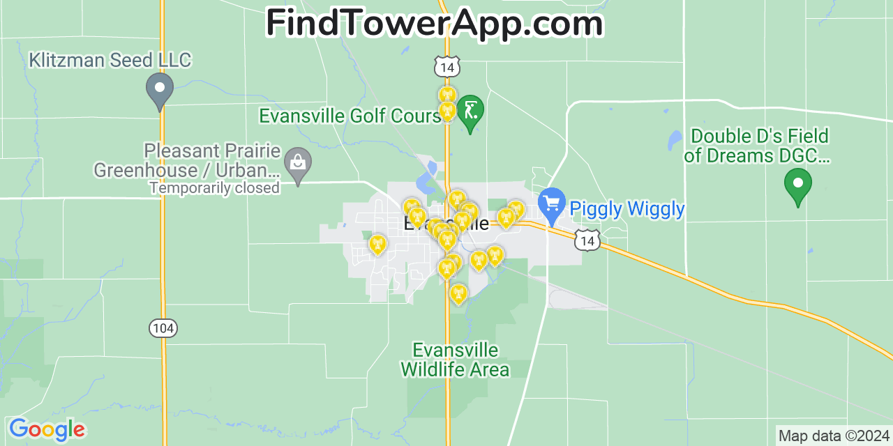 AT&T 4G/5G cell tower coverage map Evansville, Wisconsin