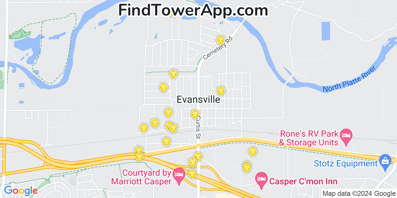 AT&T 4G/5G cell tower coverage map Evansville, Wyoming