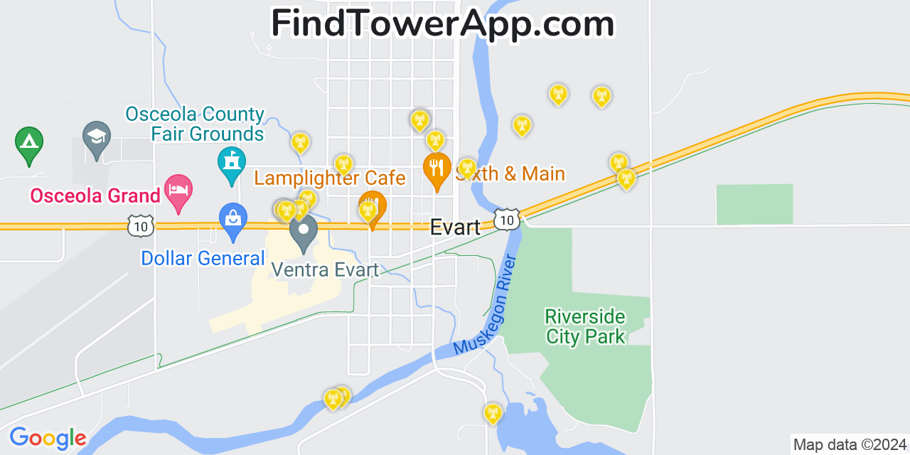 AT&T 4G/5G cell tower coverage map Evart, Michigan