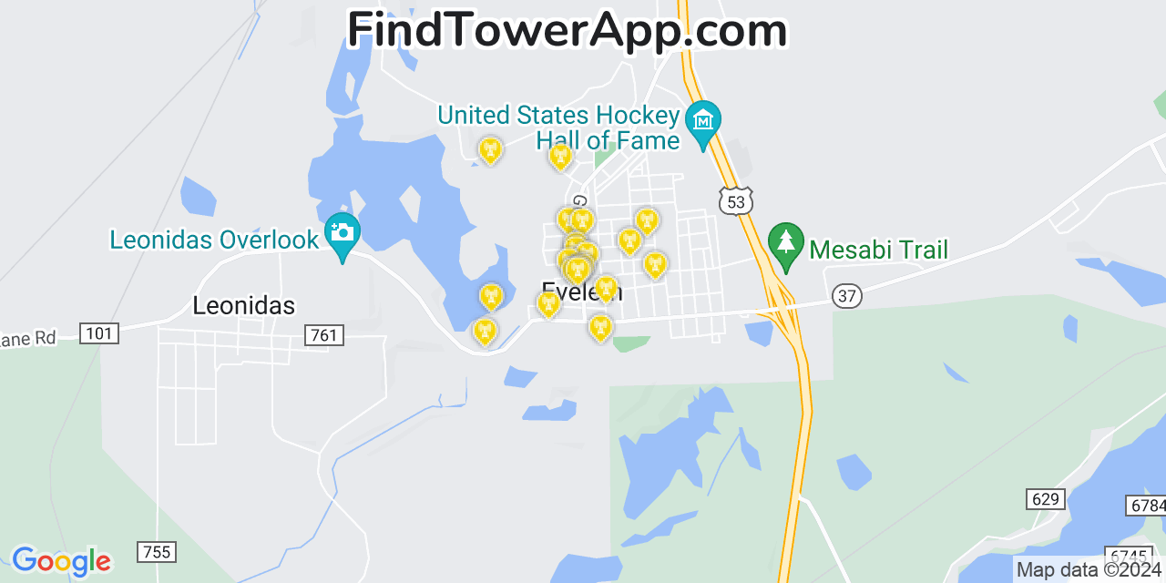 AT&T 4G/5G cell tower coverage map Eveleth, Minnesota
