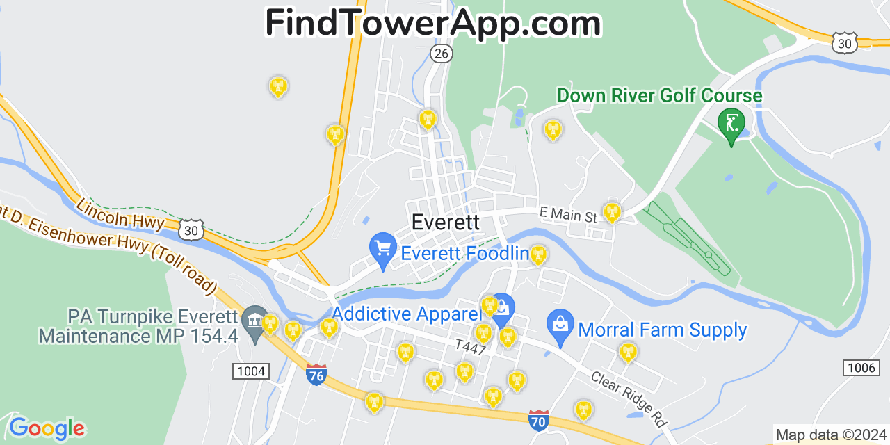 AT&T 4G/5G cell tower coverage map Everett, Pennsylvania