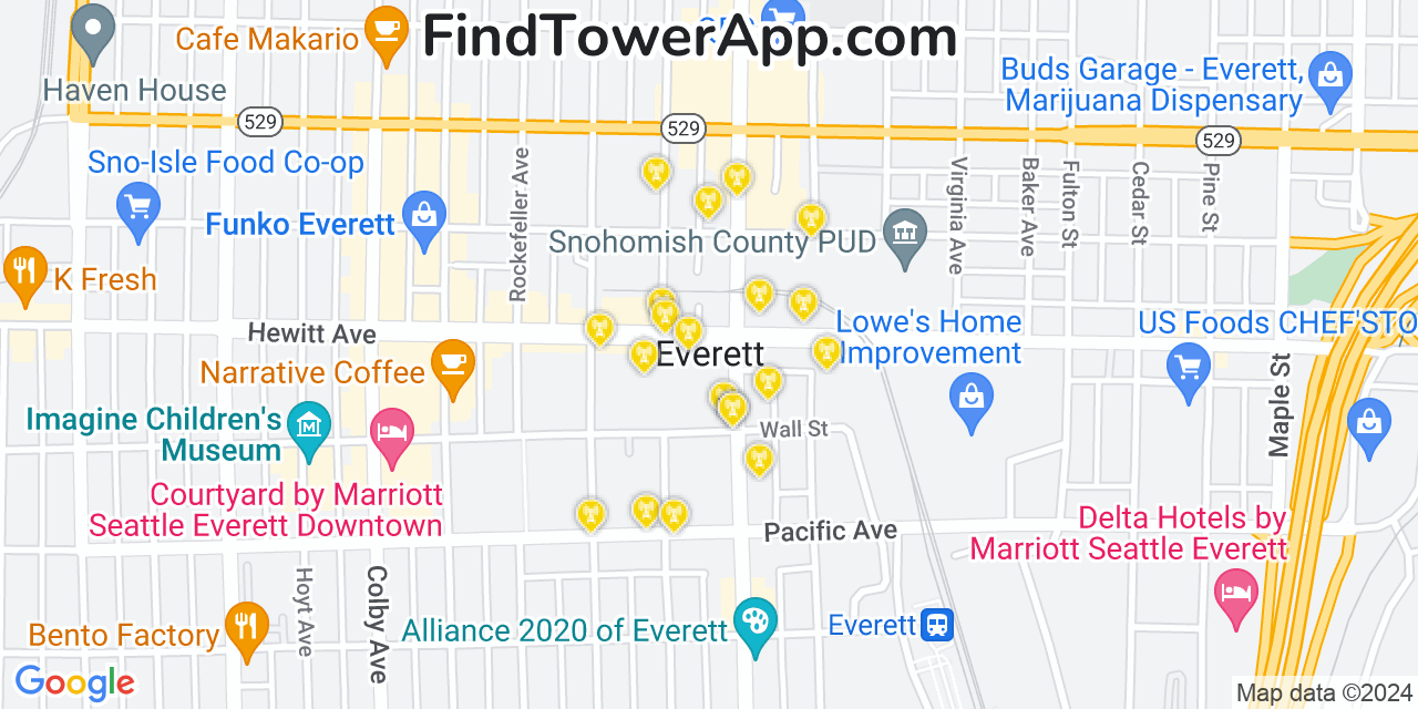 AT&T 4G/5G cell tower coverage map Everett, Washington
