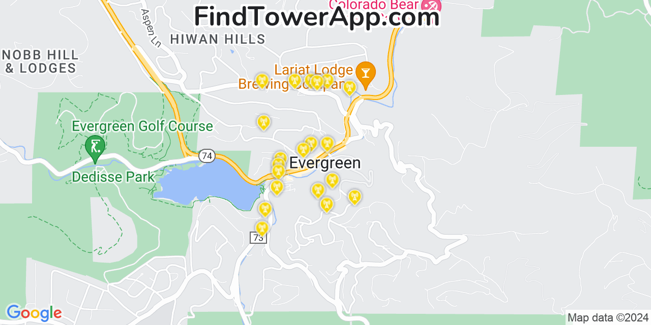 AT&T 4G/5G cell tower coverage map Evergreen, Colorado