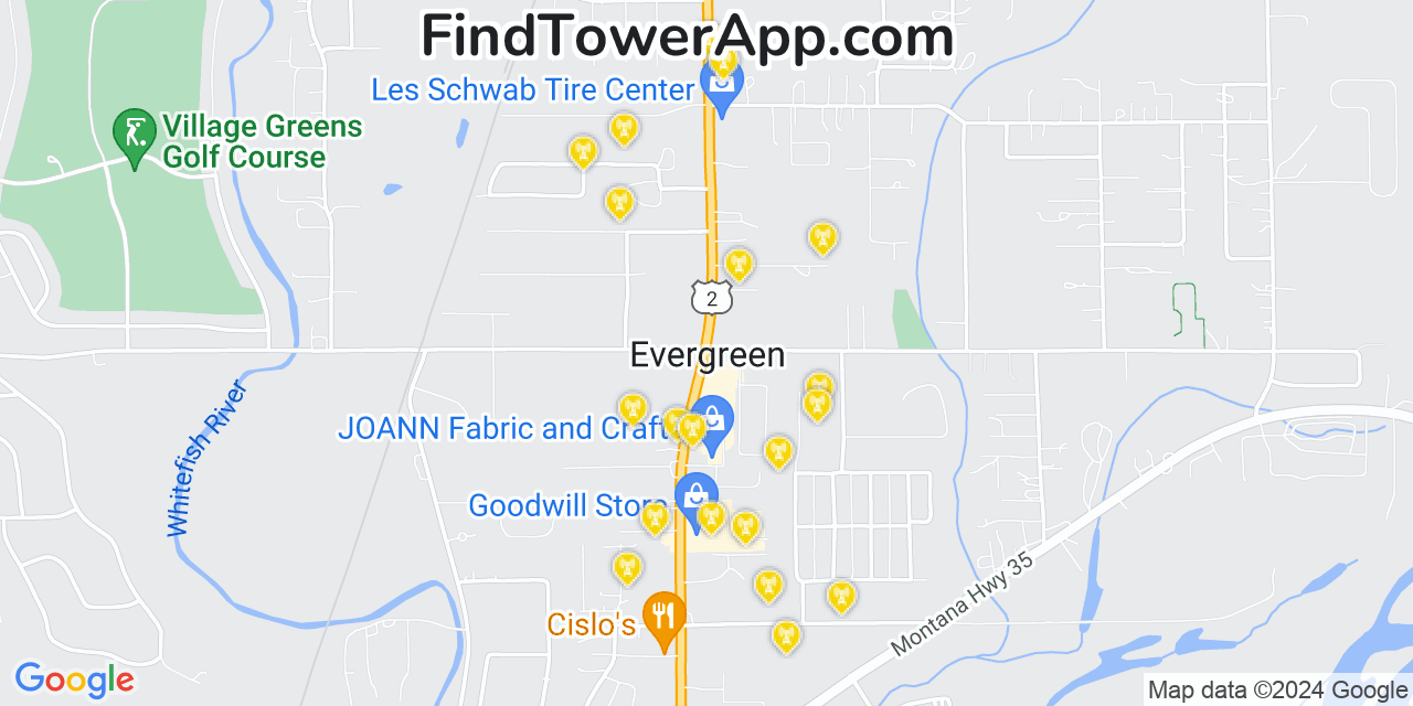 AT&T 4G/5G cell tower coverage map Evergreen, Montana