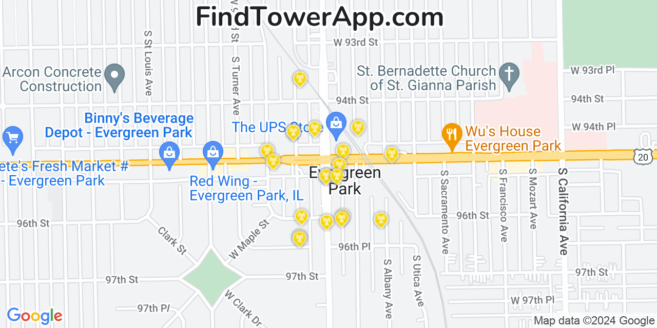 AT&T 4G/5G cell tower coverage map Evergreen Park, Illinois