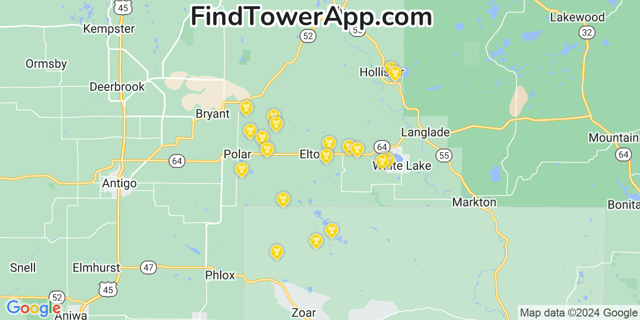 AT&T 4G/5G cell tower coverage map Evergreen, Wisconsin